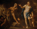 Quadro decorativo com cena mitológica 'A Forja de Vulcano' de Luca Giordano, mostrando Vênus e Vulcano na forja, com um cupido e outros trabalhadores ao fundo, em tons escuros e iluminação dramática.