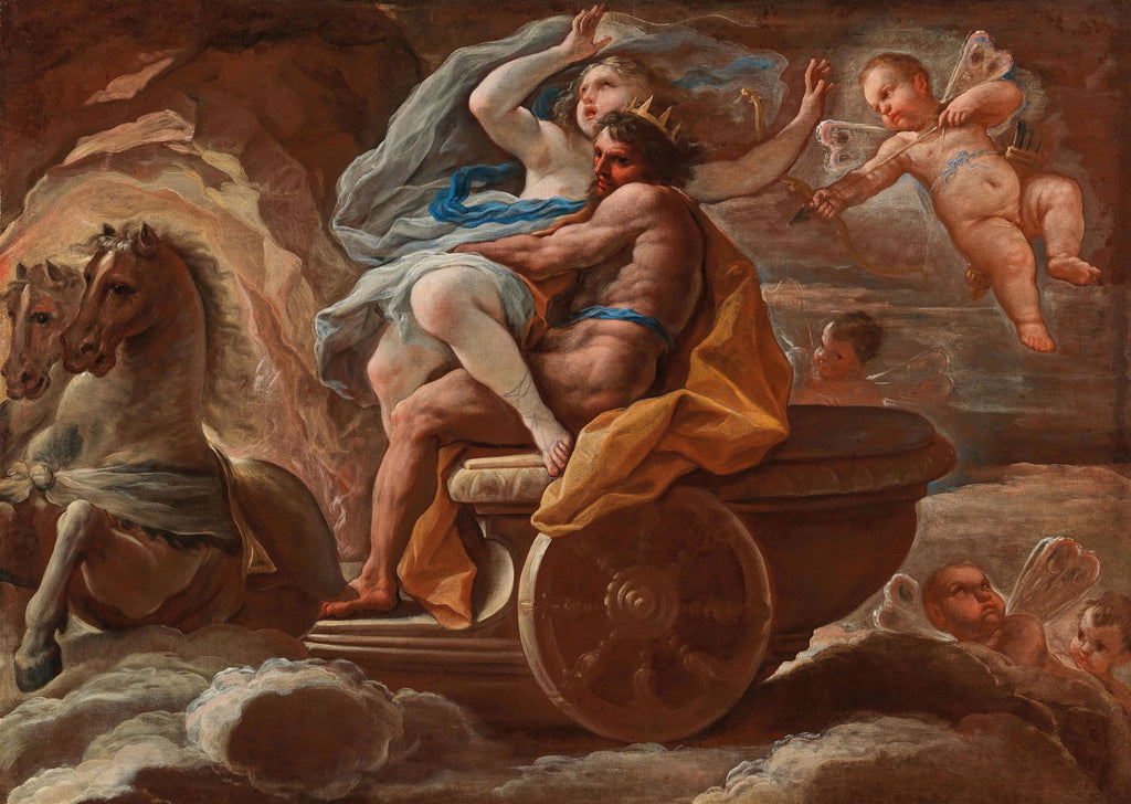 Quadro decorativo 'O Rapto de Proserpina' de Luca Giordano, cena mitológica com Plutão raptando Proserpina em sua carruagem, rodeados por cavalos, cupidos e nuvens.