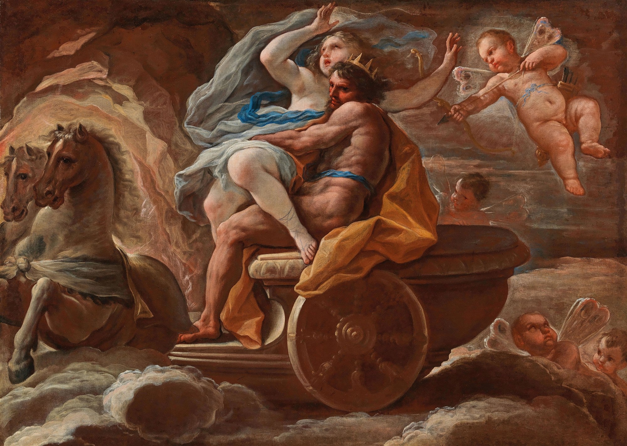 Quadro decorativo 'O Rapto de Proserpina' de Luca Giordano, cena mitológica com Plutão raptando Proserpina em sua carruagem, rodeados por cavalos, cupidos e nuvens.