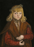 Retrato de um menino com cabelos loiros e coroa de flores, vestindo um traje vermelho e marrom, com fundo escuro. Obra atribuída a Lucas Cranach.