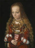Retrato de uma menina renascentista de Lucas Cranach, o Velho. Ela tem cabelos longos e ruivos, olhos azuis, vestindo um vestido vermelho bordado com detalhes dourados e um colar de pérolas, em um fundo escuro.