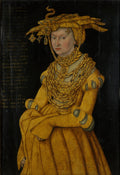 Retrato de uma mulher saxônica de perfil três quartos, vestindo um toucado e vestido luxuosos em tons de ouro e amarelo, com múltiplas correntes douradas no pescoço, sobre um fundo escuro. A obra é de Lucas Cranach, o Velho.