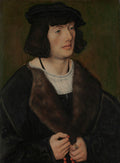 Retrato a óleo de um jovem com cabelos escuros e chapéu preto, vestindo uma túnica escura com gola branca e pele marrom, segurando um rosário vermelho. Fundo verde escuro.