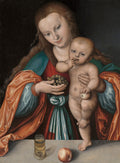 Quadro decorativo mostrando a Virgem Maria com o Menino Jesus, que segura um cacho de uvas. A Virgem tem longos cabelos castanhos e veste um manto vermelho e azul. O Menino Jesus está nu, com uma maçã na mão. Há um copo e uma maçã sobre uma mesa na parte inferior da pintura. A obra é de Lucas Cranach, o Velho.