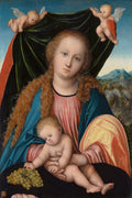 Quadro decorativo com a pintura 'A Virgem e o Menino com um Cacho de Uvas' de Lucas Cranach, o Velho. A Virgem Maria de cabelos ruivos e olhar melancólico segura o Menino Jesus, que segura um cacho de uvas. Anjos com asas brancas seguram um manto verde escuro ao fundo, e uma paisagem montanhosa é visível.