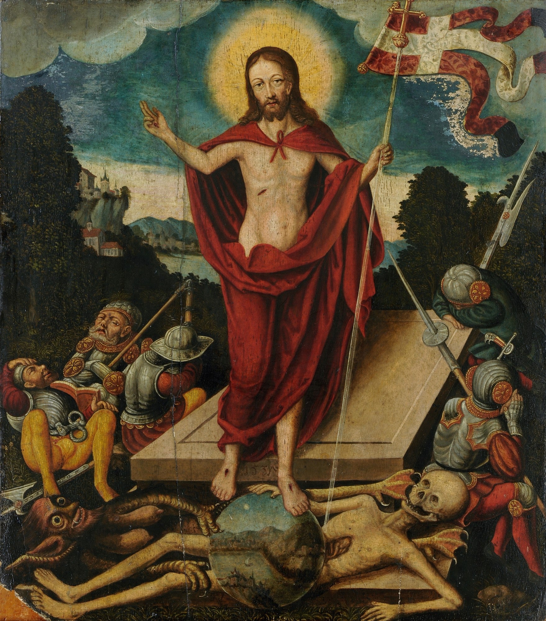 Pintura 'A Ressurreição de Cristo' de Lucas Cranach, o Velho. Jesus, seminu, emerge de um túmulo, com uma bandeira e um halo. Soldados caídos e figuras demoníacas estão ao redor. O cenário inclui uma paisagem e um céu azul.