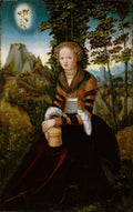 Salomé com a cabeça de João Batista, pintura de Lucas Cranach, o Velho. A figura feminina veste um rico traje renascentista e segura uma bandeja. Ao fundo, uma paisagem montanhosa com arquitetura e uma cena celestial.