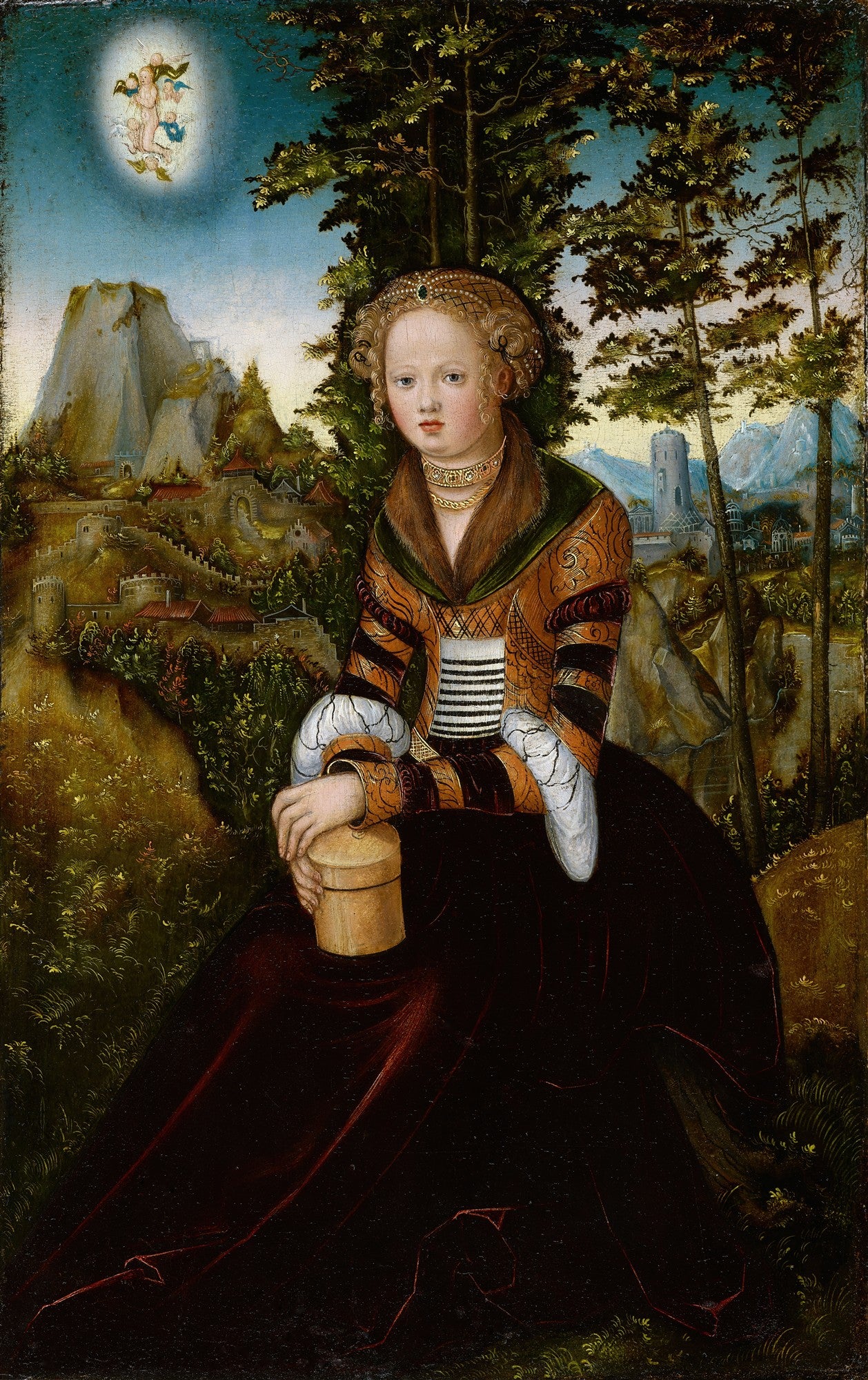 Salomé com a cabeça de João Batista, pintura de Lucas Cranach, o Velho. A figura feminina veste um rico traje renascentista e segura uma bandeja. Ao fundo, uma paisagem montanhosa com arquitetura e uma cena celestial.