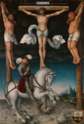 Quadro "A Crucificação" de Lucas Cranach, o Velho, mostrando Jesus Cristo na cruz entre dois ladrões, com um cavaleiro a cavalo e um brasão na parte inferior, em tons escuros e dramáticos.
