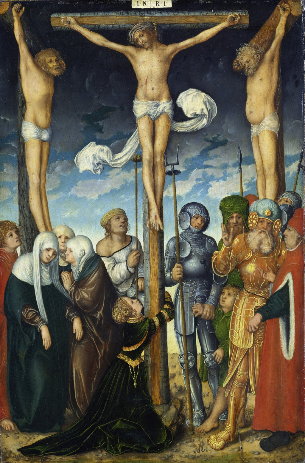 Pintura 'A Crucificação' de Lucas Cranach o Velho, mostrando Jesus Cristo e dois ladrões crucificados, com Maria, João e outras figuras chorando e observando na base das cruzes, sob um céu escuro e dramático.