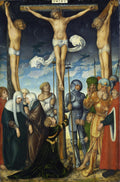 Pintura 'A Crucificação' de Lucas Cranach o Velho, mostrando Jesus Cristo e dois ladrões crucificados, com Maria, João e outras figuras chorando e observando na base das cruzes, sob um céu escuro e dramático.
