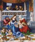 Pintura renascentista "A Virgem e o Menino com Sant'Ana" de Lucas Cranach, o Velho, mostrando figuras bíblicas em uma cena familiar, incluindo a Virgem Maria, o Menino Jesus, Sant'Ana e outras figuras, com um cachorro no primeiro plano.