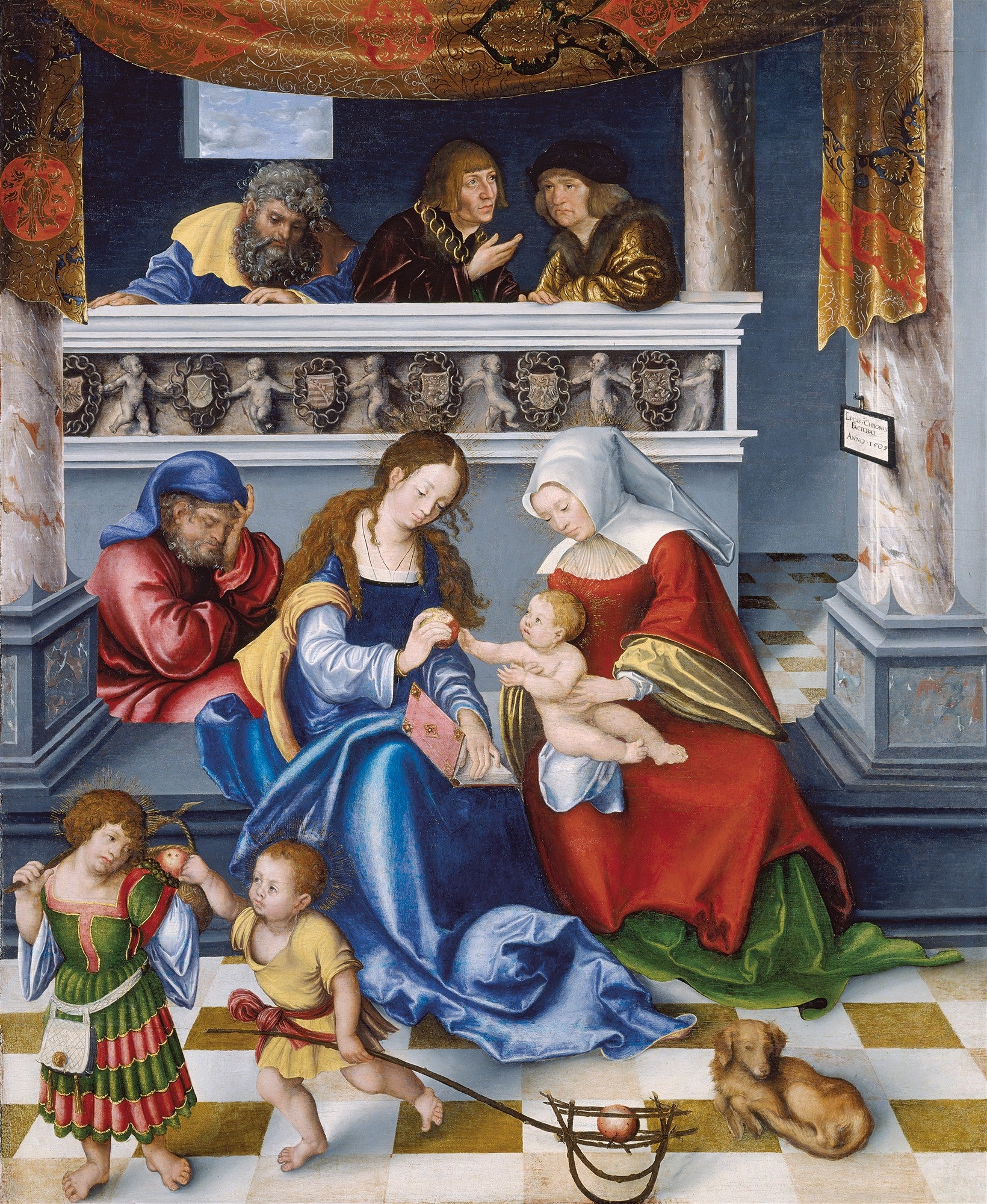 Pintura renascentista "A Virgem e o Menino com Sant'Ana" de Lucas Cranach, o Velho, mostrando figuras bíblicas em uma cena familiar, incluindo a Virgem Maria, o Menino Jesus, Sant'Ana e outras figuras, com um cachorro no primeiro plano.