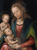 Quadro 'A Virgem e o Menino com São João Batista' de Lucas Cranach, o Velho. A Virgem Maria segura o menino Jesus, enquanto São João Batista, à esquerda, reza. Cores escuras e realismo renascentista.