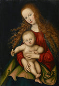 Quadro decorativo com a pintura 'A Virgem e o Menino' de Lucas Cranach, o Velho. Apresenta Maria com cabelos ruivos longos e cacheados, segurando o Menino Jesus. Maria veste um manto vermelho e verde-escuro, e o fundo é escuro. O Menino Jesus segura um objeto claro na mão esquerda.
