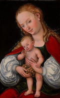 Pintura renascentista de uma Madona de cabelos ruivos segurando o Menino Jesus, que segura um cacho de uvas. Fundo escuro.