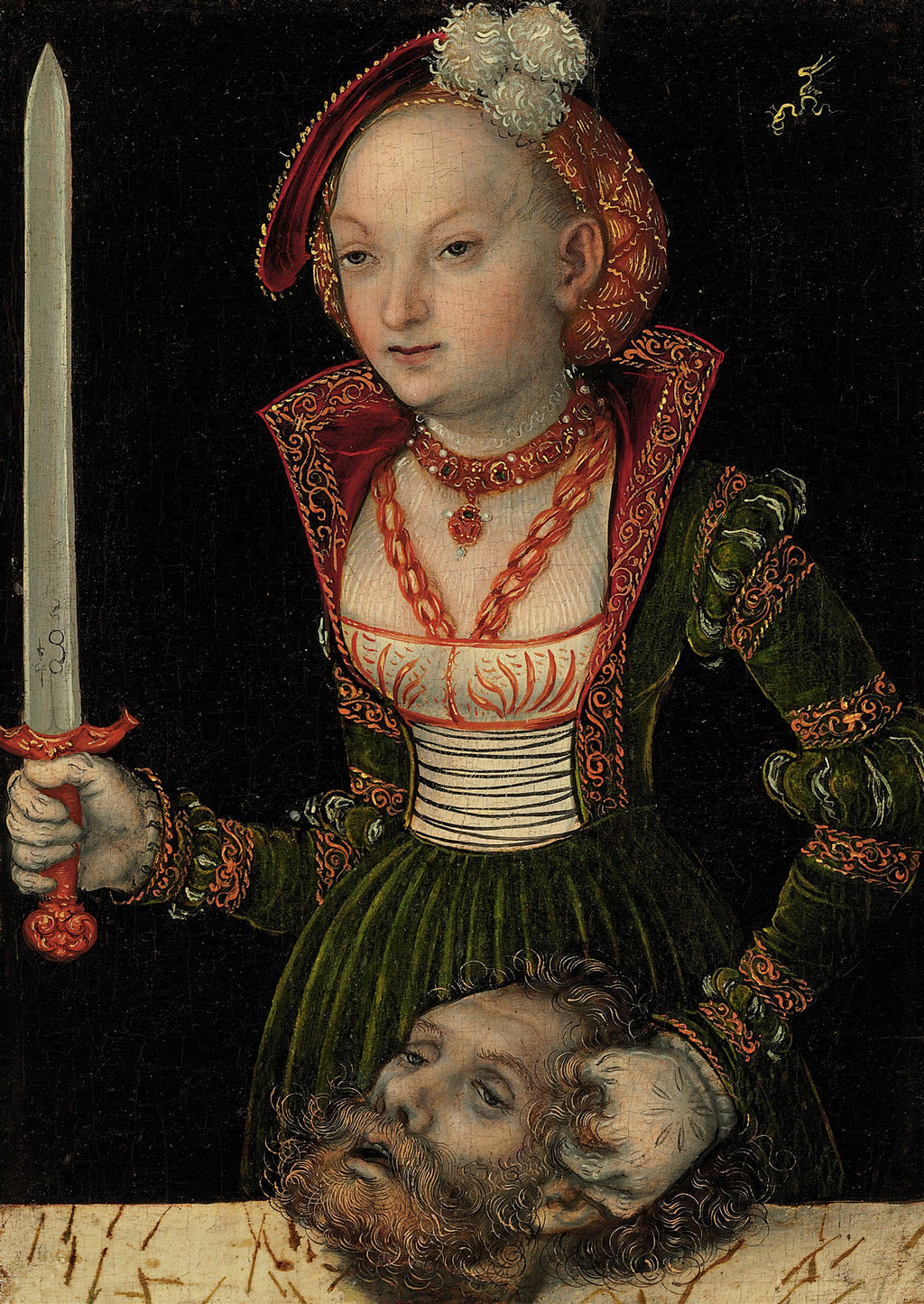 Pintura de Judith segurando uma espada e a cabeça de Holofernes, de Lucas Cranach, o Velho, com fundo escuro. Judith veste um vestido verde e chapéu vermelho, com joias.