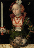 Pintura de Judith segurando uma espada e a cabeça de Holofernes, de Lucas Cranach, o Velho, com fundo escuro. Judith veste um vestido verde e chapéu vermelho, com joias.