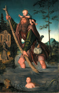 Quadro decorativo de Lucas Cranach, o Velho, representando São Cristóvão com o Menino Jesus em seus ombros, atravessando um rio, com um monge e uma sereia visíveis na cena.