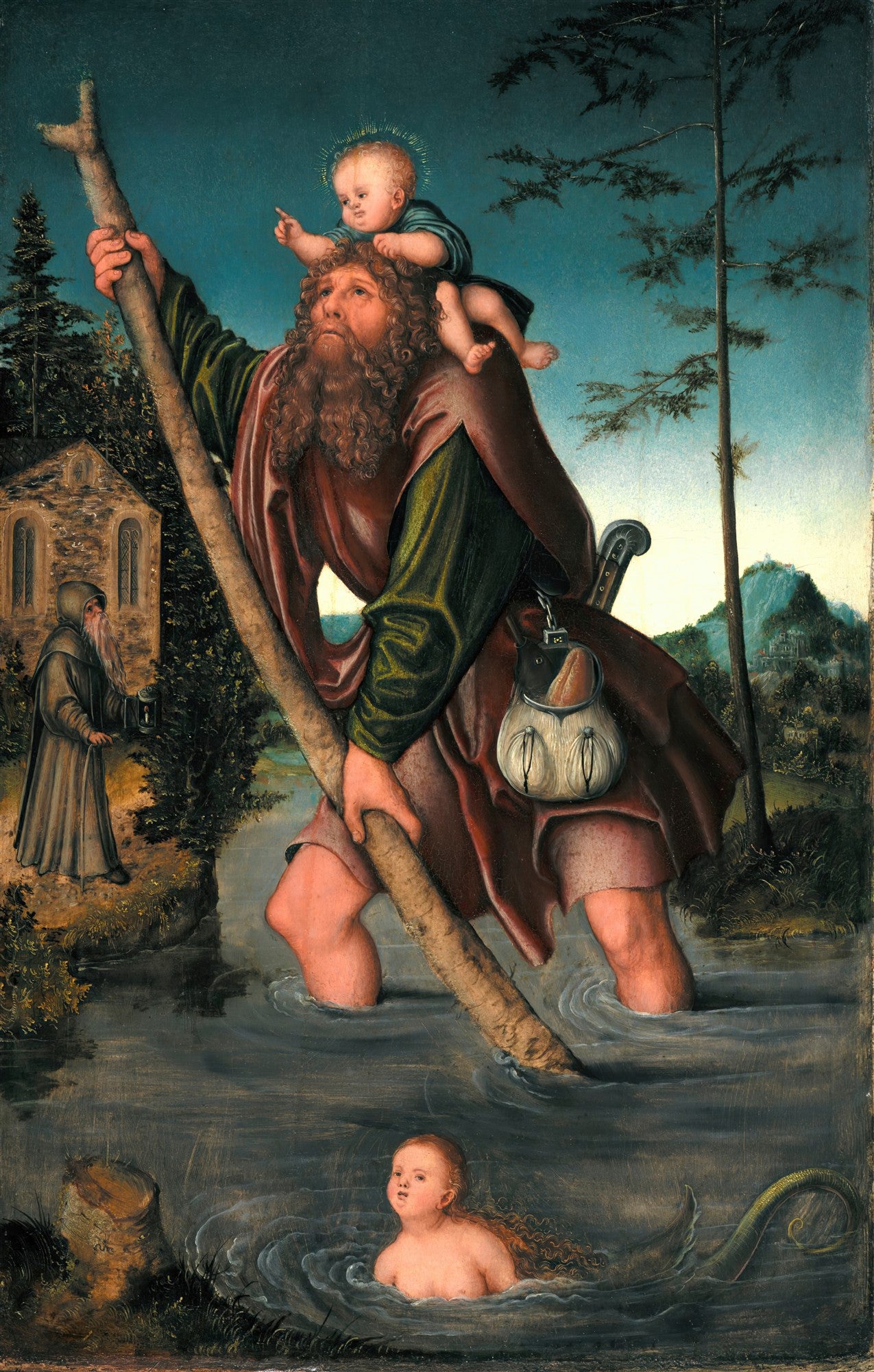 Quadro decorativo de Lucas Cranach, o Velho, representando São Cristóvão com o Menino Jesus em seus ombros, atravessando um rio, com um monge e uma sereia visíveis na cena.