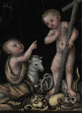 Pintura renascentista de Lucas Cranach, o Velho, retratando dois meninos pequenos, um nu segurando uma cruz de madeira e o outro vestido com pele de carneiro apontando para ele, com um cordeiro e elementos simbólicos como uma serpente e caveiras aos seus pés, em um fundo escuro.