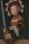 Quadro decorativo mostrando Judith com a cabeça de Holofernes, de Lucas Cranach, o Velho. Judith, uma mulher jovem com chapéu vermelho e adornos, segura uma espada e a cabeça decapitada de um homem barbudo.