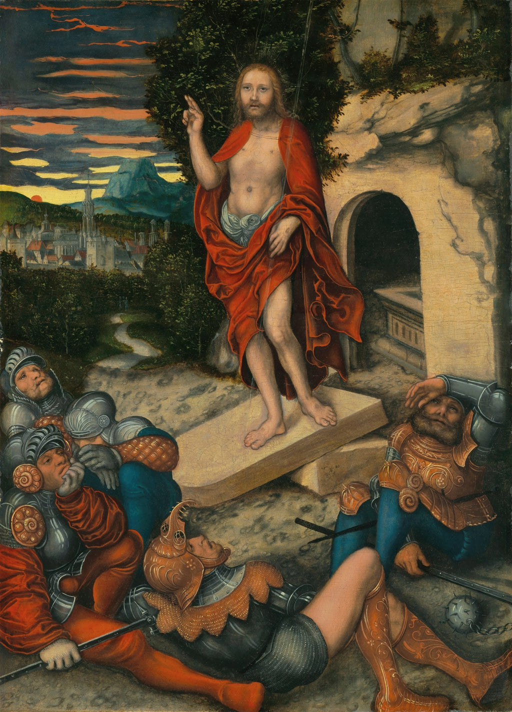 Quadro decorativo 'A Ressurreição de Cristo' de Lucas Cranach, o Velho. Jesus, envolto em um manto vermelho, emerge de um túmulo ao amanhecer, com soldados caídos ao seu redor.