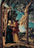 Uma pintura a óleo de Lucas Cranach, o Velho, intitulada A Crucifixão. Três figuras crucificadas estão em cruzes, com Jesus Cristo ao centro. Abaixo, Maria e São João Evangelista se consolam. A cena é escura e dramática, com um céu tempestuoso e árvores secas. Os tons são terrosos e sombrios.