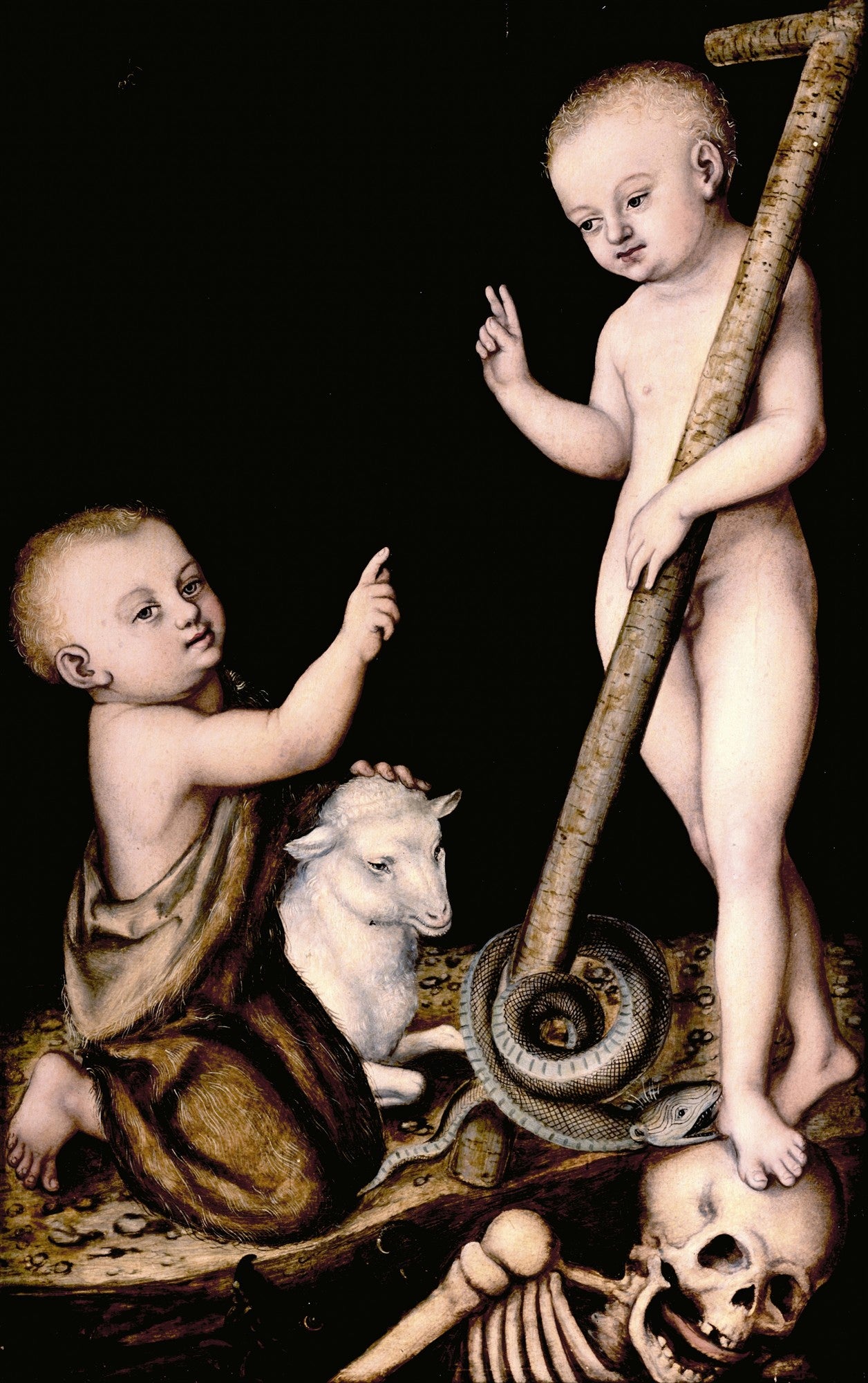 Duas crianças nuas, uma com um cordeiro e outra com um cajado e serpente enrolada, sobre um crânio. Obra de Lucas Cranach, o Velho.