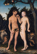 Quadro de Adão e Eva, de Lucas Cranach, o Velho. Adão e Eva nus no Jardim do Éden, com Eva oferecendo uma maçã a Adão. Uma serpente enrolada em uma árvore, um cervo à esquerda e um leão à direita observam a cena. Fundo de folhagem escura e céu azul claro.