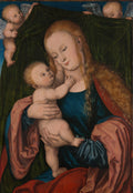 Madona e o Menino de Lucas Cranach, o Velho. A Virgem Maria, com cabelos ruivos, segura o Menino Jesus. Dois anjos pequenos aparecem no topo da tela, segurando um pano verde escuro. O Menino Jesus olha para a Virgem, que tem um semblante sereno e angelical.