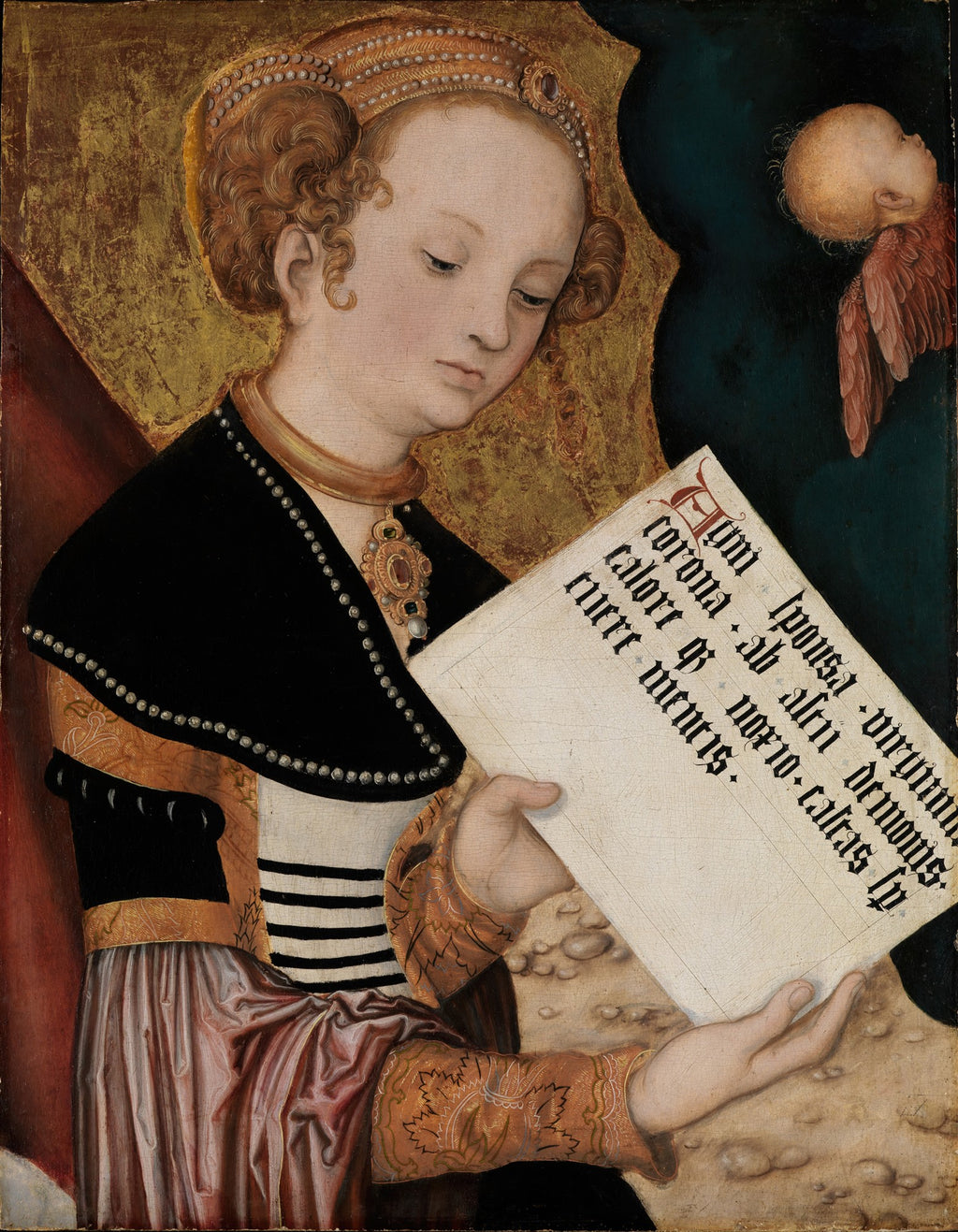 Retrato em estilo renascentista de Santa Catarina de Alexandria, obra de Lucas Cranach, o Velho. A santa, com expressão serena, lê um livro de orações, com detalhes ricos em seu vestuário e adornos. Ao fundo, um querubim.