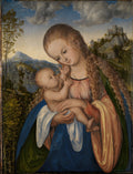 Quadro decorativo com a pintura 'A Virgem e o Menino' de Lucas Cranach, o Velho, mostrando Maria com o Menino Jesus em um cenário de paisagem com castelos e montanhas.