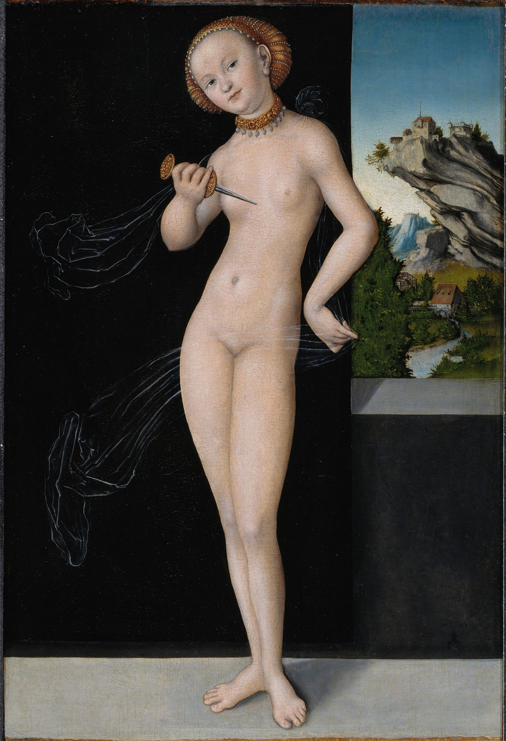 Quadro decorativo com a pintura 'Lucrécia' de Lucas Cranach, o Velho. Apresenta uma mulher nua segurando uma adaga contra seu peito, com um fundo escuro e uma paisagem rochosa ao lado direito. A figura tem pele clara e um adorno dourado na cabeça e pescoço.
