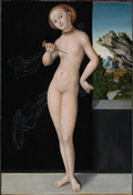 Quadro decorativo com a pintura 'Lucrécia' de Lucas Cranach, o Velho. Apresenta uma mulher nua segurando uma adaga contra seu peito, com um fundo escuro e uma paisagem rochosa ao lado direito. A figura tem pele clara e um adorno dourado na cabeça e pescoço.