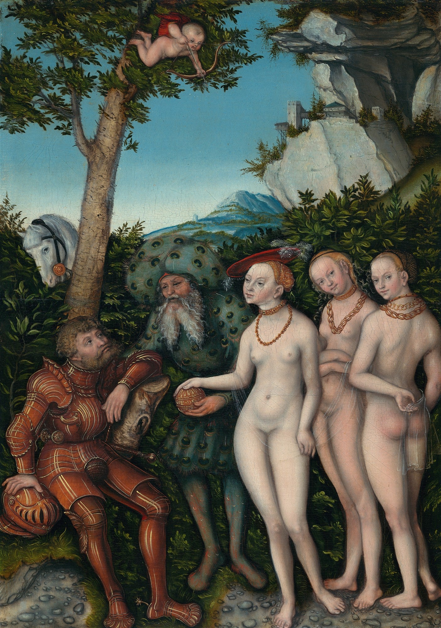 Pintura de Lucas Cranach, o Velho, 'O Julgamento de Páris', com figuras mitológicas em uma paisagem florestal, incluindo Páris, Mercúrio, as três deusas nuas (Juno, Minerva, Vênus) e Cupido no alto da árvore. A paleta de cores inclui verdes da folhagem, tons de pele pálidos e armadura laranja avermelhada.