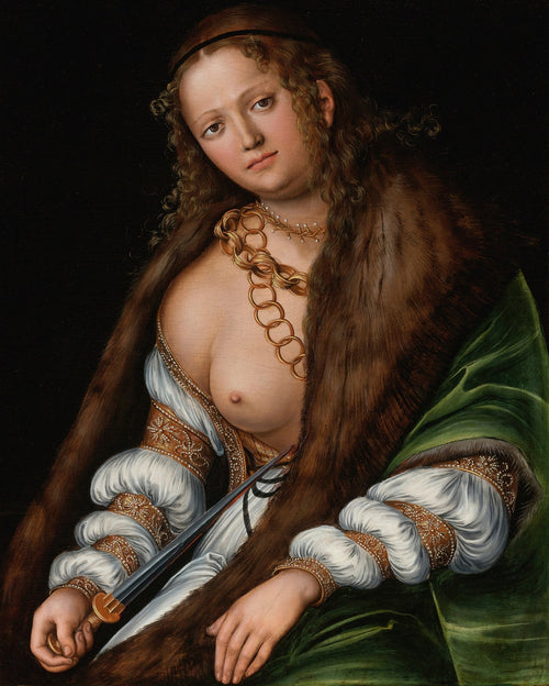 Retrato de uma mulher jovem, possivelmente Judite, com um olhar melancólico, vestindo um robe verde e branco com detalhes dourados, envolta em um casaco de pele marrom, e segurando a bainha de uma espada. Fundo escuro.