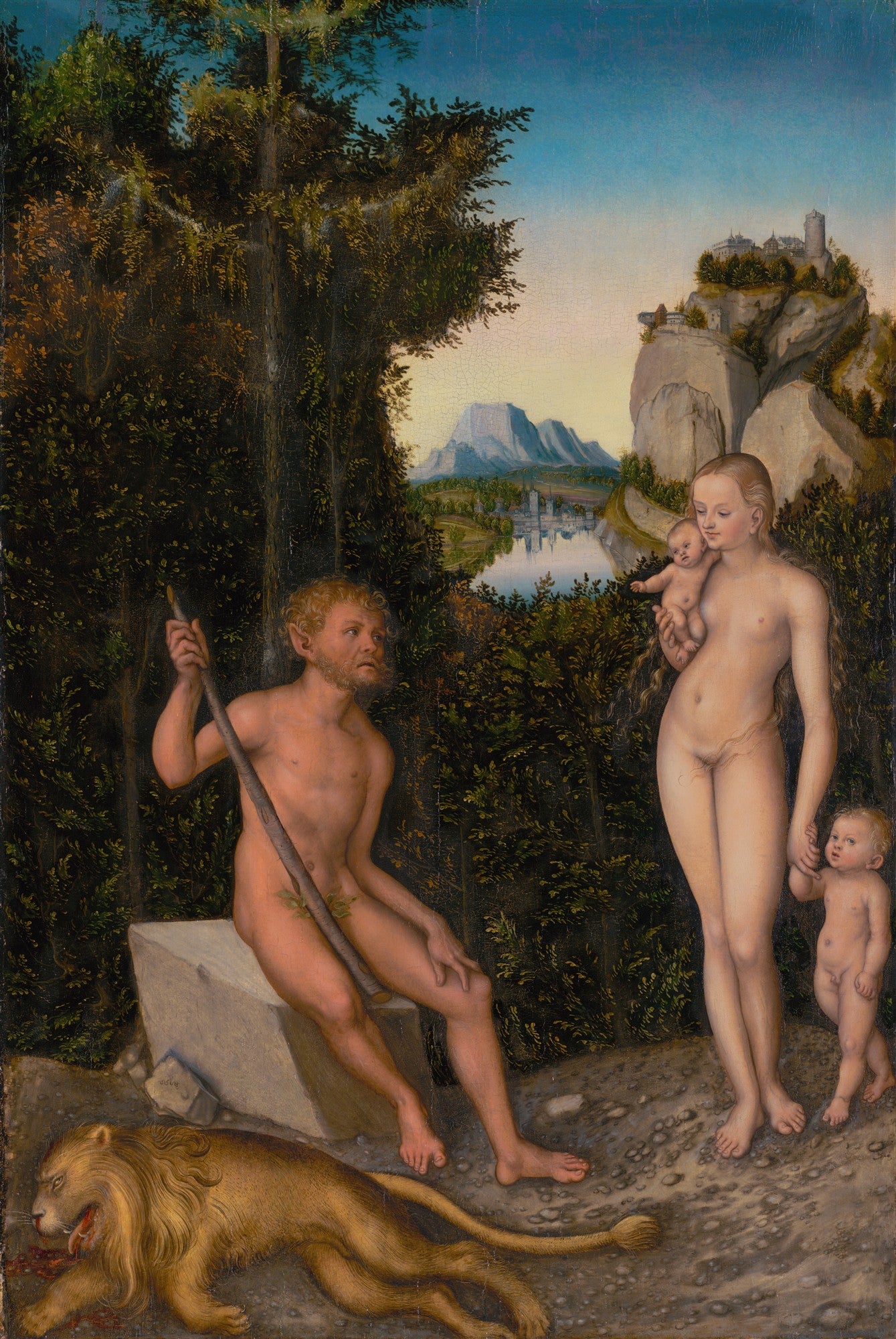 Pintura renascentista de Lucas Cranach, o Velho, intitulada 'A Idade de Ouro'. Retrata figuras nuas, incluindo um sátiro sentado e uma mulher com uma criança, em uma paisagem exuberante com uma cidade e montanhas ao fundo, e um leão morto em primeiro plano.