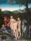 Quadro decorativo "A Fonte da Juventude" de Lucas Cranach, o Velho. A imagem mostra mulheres idosas entrando em uma fonte e saindo jovens, com um cupido no céu e figuras mitológicas, em uma paisagem verdejante.