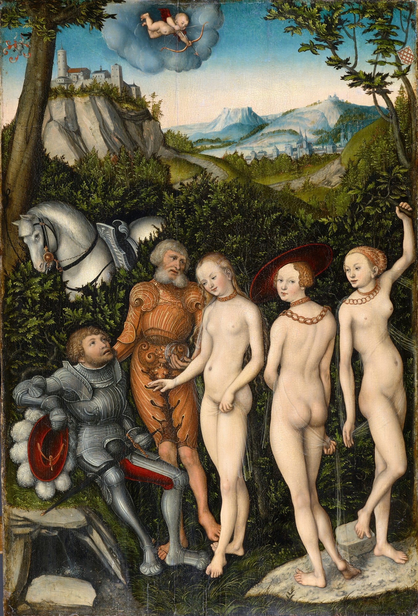 Quadro decorativo 'A Idade de Ouro' de Lucas Cranach, o Velho, mostrando figuras nuas e vestidas em uma paisagem florestal com um cupido no céu e um castelo ao fundo.