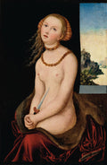 Retrato de Lucrécia, uma mulher jovem e pálida, seminua, com cabelos loiros e cacheados, segurando um punhal apontado para o próprio peito. Usa joias douradas e um manto vermelho. Ao fundo, uma janela revela uma paisagem montanhosa com um castelo. Obra de Lucas Cranach, o Velho.
