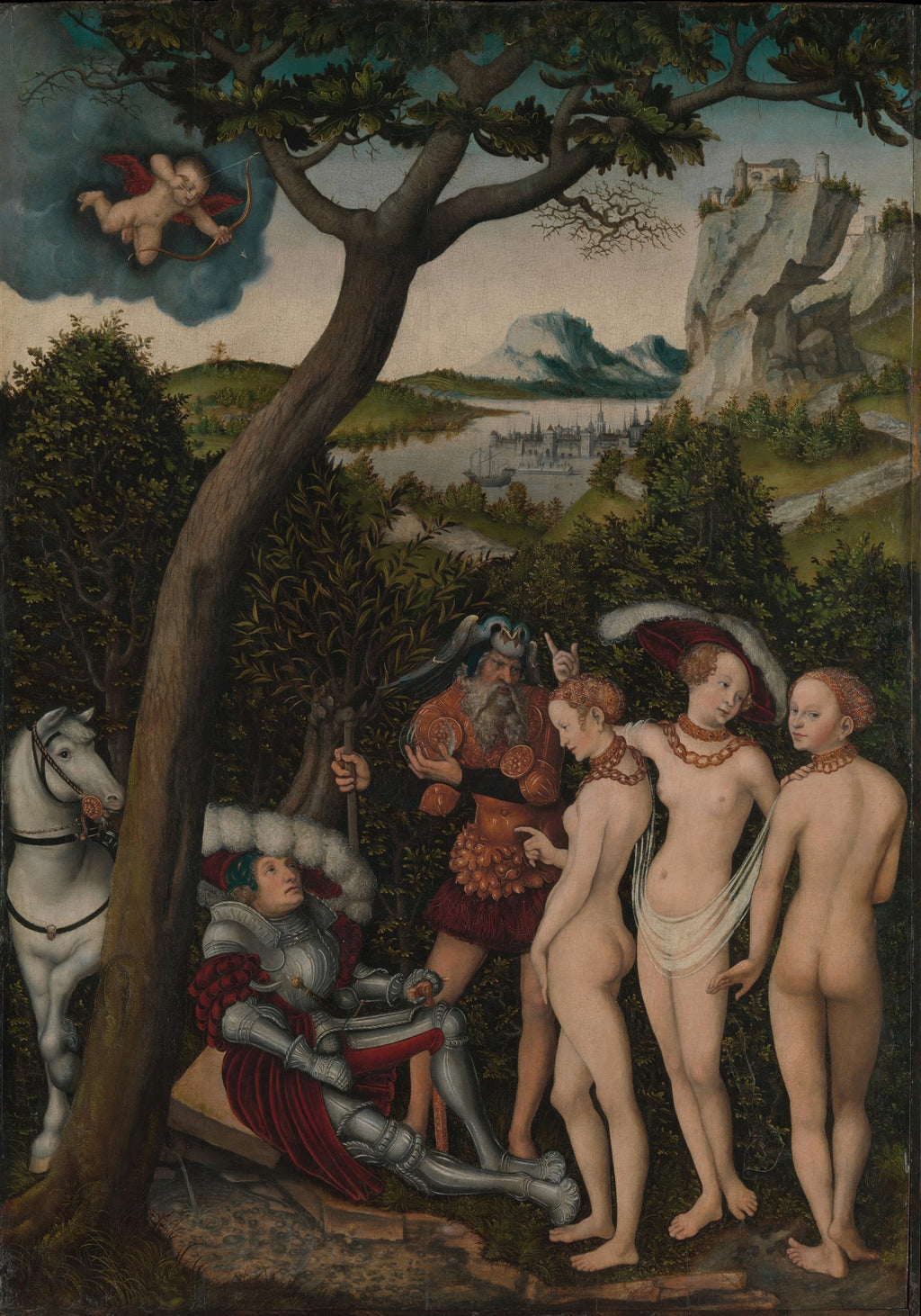 Uma pintura renascentista de Lucas Cranach, o Velho, retratando O Julgamento de Páris. A cena mostra um cavaleiro adormecido, Páris, um homem mais velho, Mercúrio, e três deusas nuas (Hera, Atena e Afrodite) em uma floresta, com Cupido voando no céu. O fundo apresenta uma paisagem com montanhas, um rio e uma cidade fortificada.