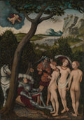 Uma pintura renascentista de Lucas Cranach, o Velho, retratando O Julgamento de Páris. A cena mostra um cavaleiro adormecido, Páris, um homem mais velho, Mercúrio, e três deusas nuas (Hera, Atena e Afrodite) em uma floresta, com Cupido voando no céu. O fundo apresenta uma paisagem com montanhas, um rio e uma cidade fortificada.