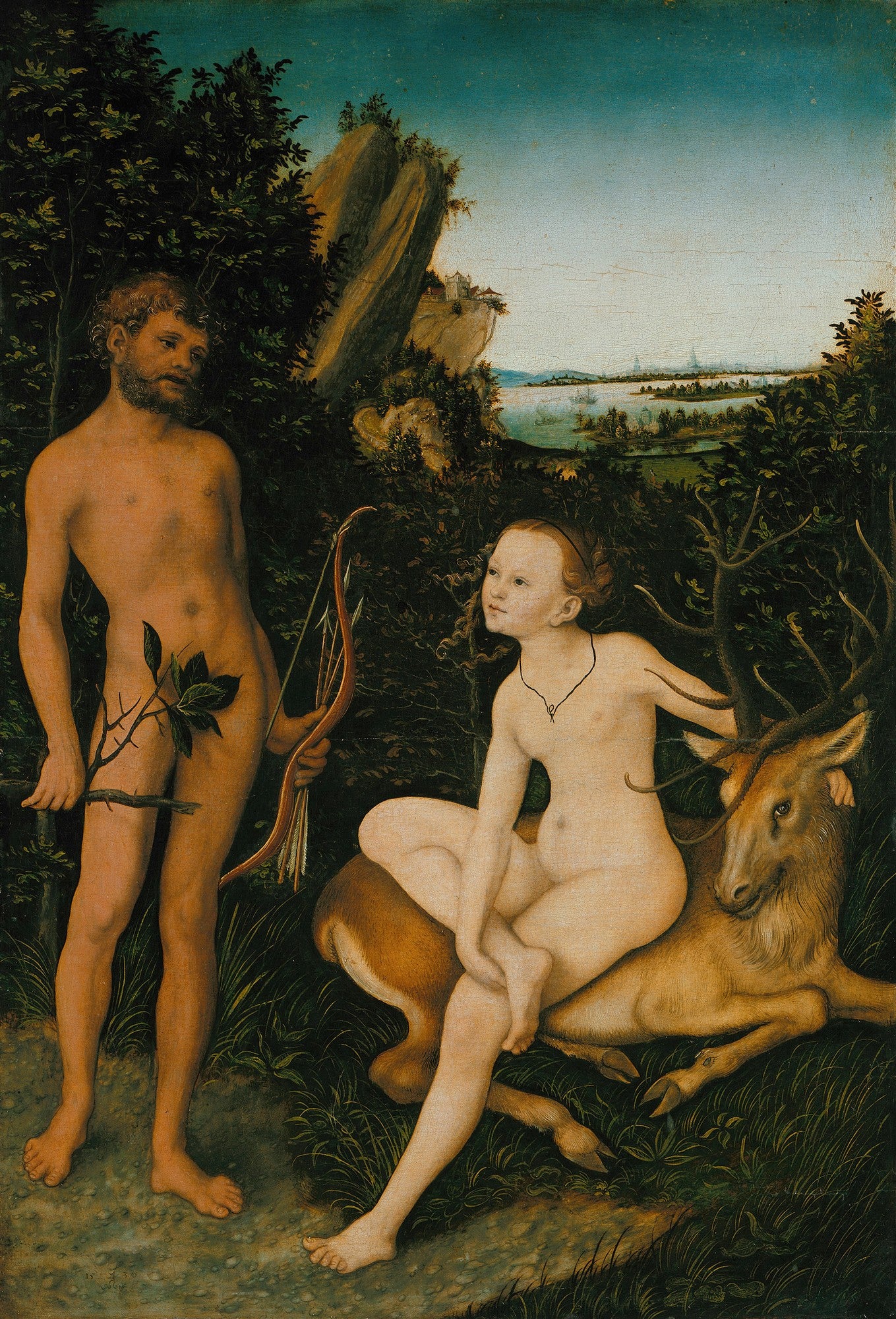 Quadro decorativo com a obra 'A Ninfa da Fonte' de Lucas Cranach, o Velho, mostrando uma ninfa nua reclinada à beira de uma fonte em uma paisagem verdejante, com detalhes de folhagem e montanhas ao fundo.