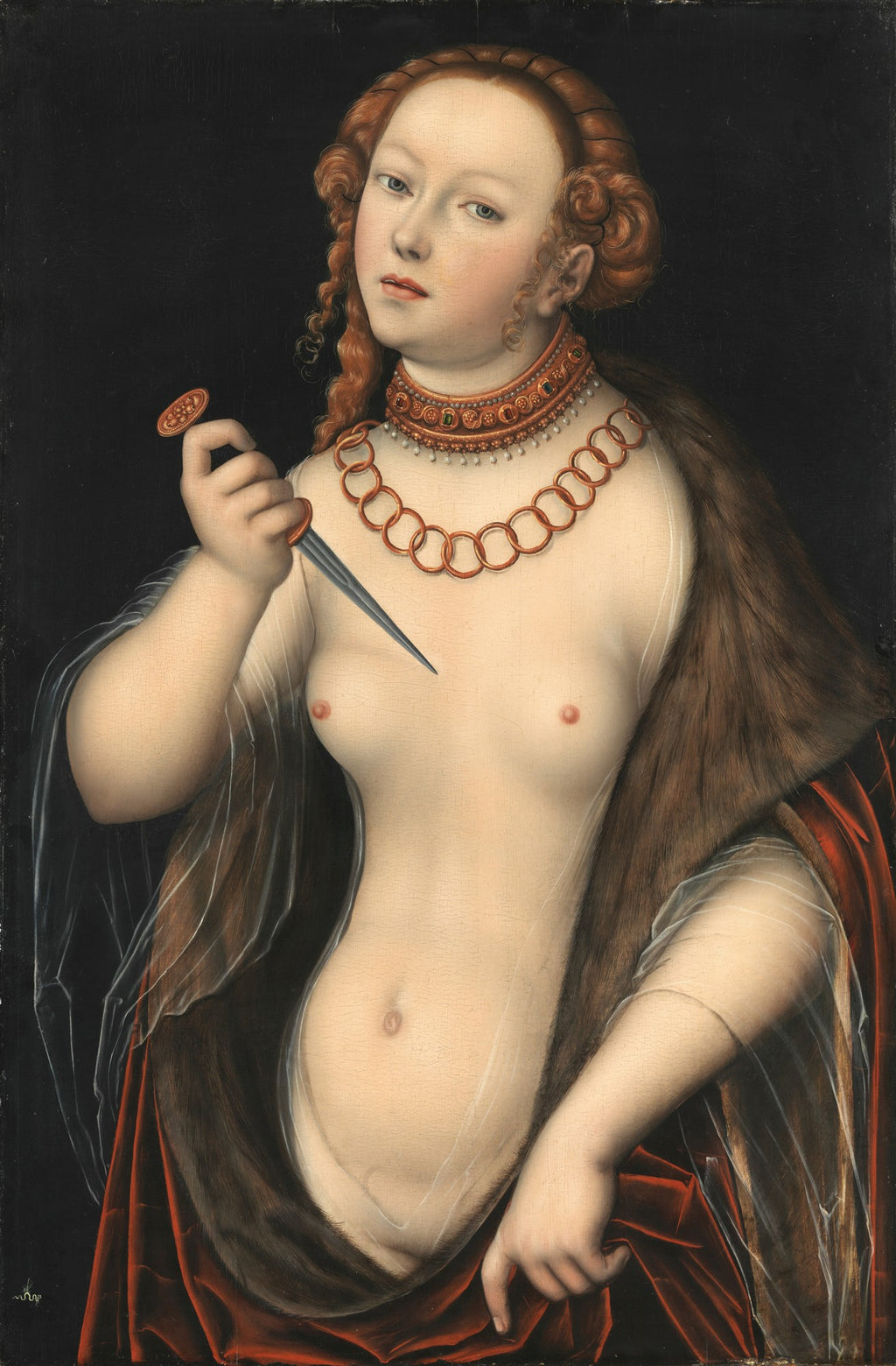 Pintura de Lucas Cranach, o Velho, intitulada Lucretia, retratando uma mulher de pele clara e cabelos ruivos, seminua, segurando uma adaga contra seu próprio corpo, com um olhar determinado. Ela usa um colar de ouro e um manto de pele sobre o ombro, em um fundo escuro.