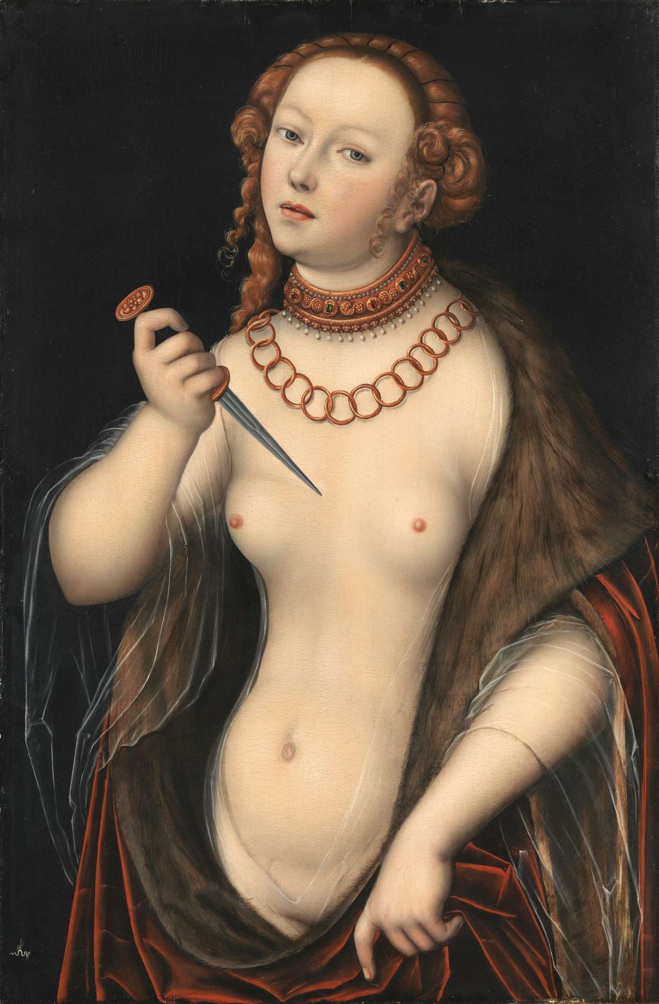 Pintura de Lucas Cranach, o Velho, intitulada Lucretia, retratando uma mulher de pele clara e cabelos ruivos, seminua, segurando uma adaga contra seu próprio corpo, com um olhar determinado. Ela usa um colar de ouro e um manto de pele sobre o ombro, em um fundo escuro.