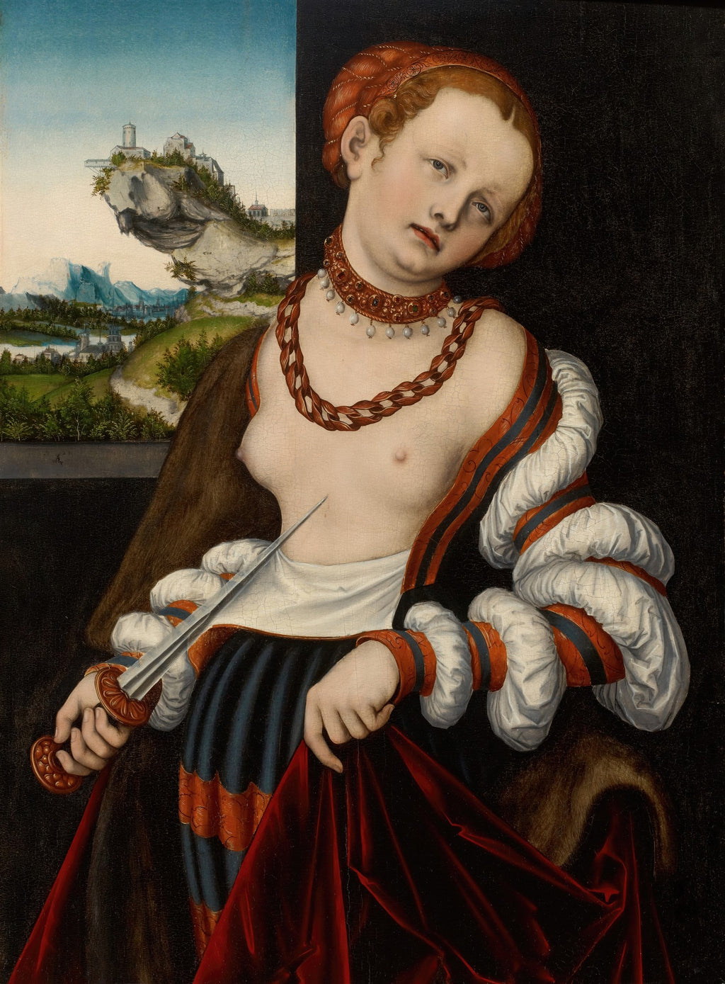Pintura de Lucas Cranach, o Velho, intitulada 'Lucrécia'. Uma mulher com um vestido renascentista, com uma adaga apontada para o peito, olhando para o espectador com uma expressão melancólica. Ao fundo, uma paisagem com montanhas e um castelo.