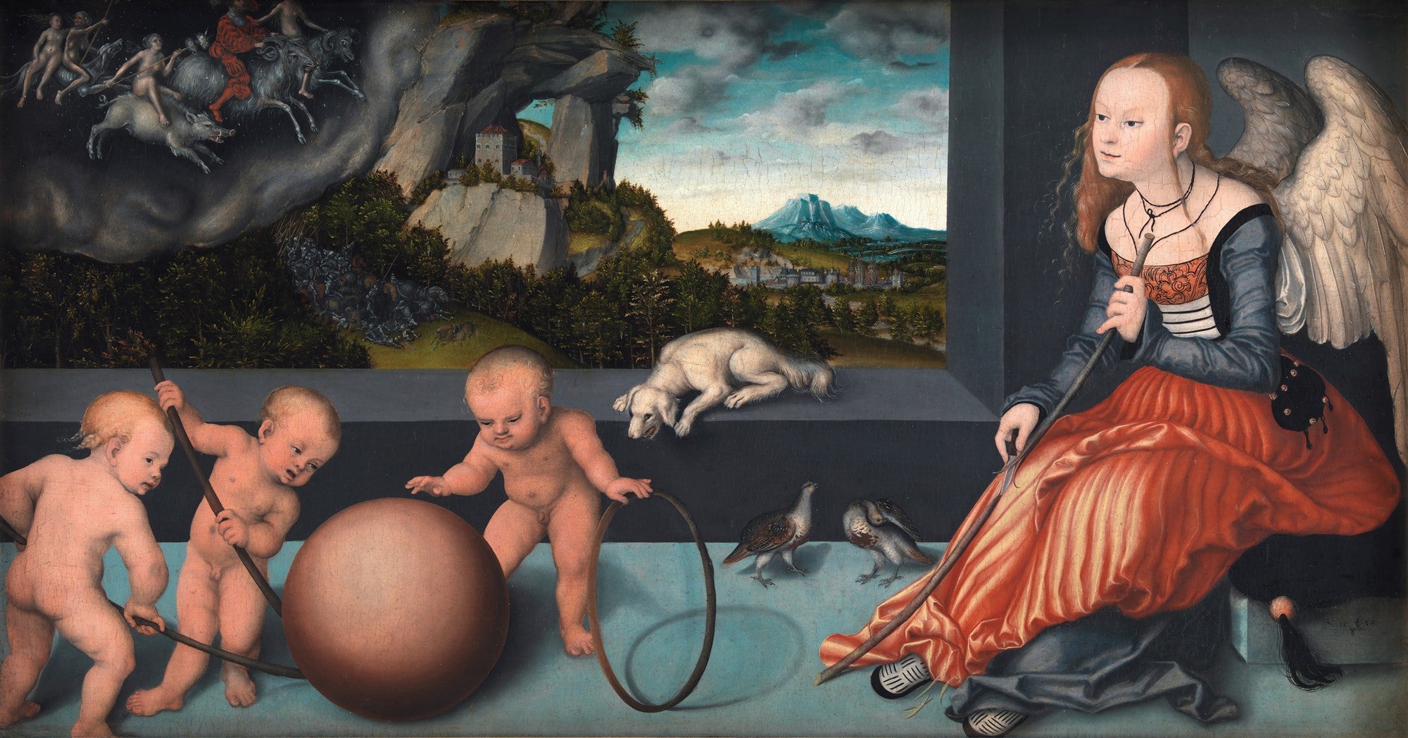 Quadro decorativo colorido de Lucas Cranach, o Velho, mostrando uma cena mitológica de A Idade de Ouro com anjos, querubins, animais e uma paisagem rochosa. Uma figura alada sentada observa crianças nuas brincando com uma esfera e um arco, enquanto ao fundo, cavaleiros montados em criaturas místicas flutuam sobre uma paisagem montanhosa.