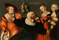 Quadro 'Hércules e Ônfale' de Lucas Cranach, o Velho, mostrando Hércules com barba sendo servido por mulheres, que o despem e o fazem fiar, enquanto elas usam suas armas e vestes. A cena é rica em detalhes e simbolismo renascentista.