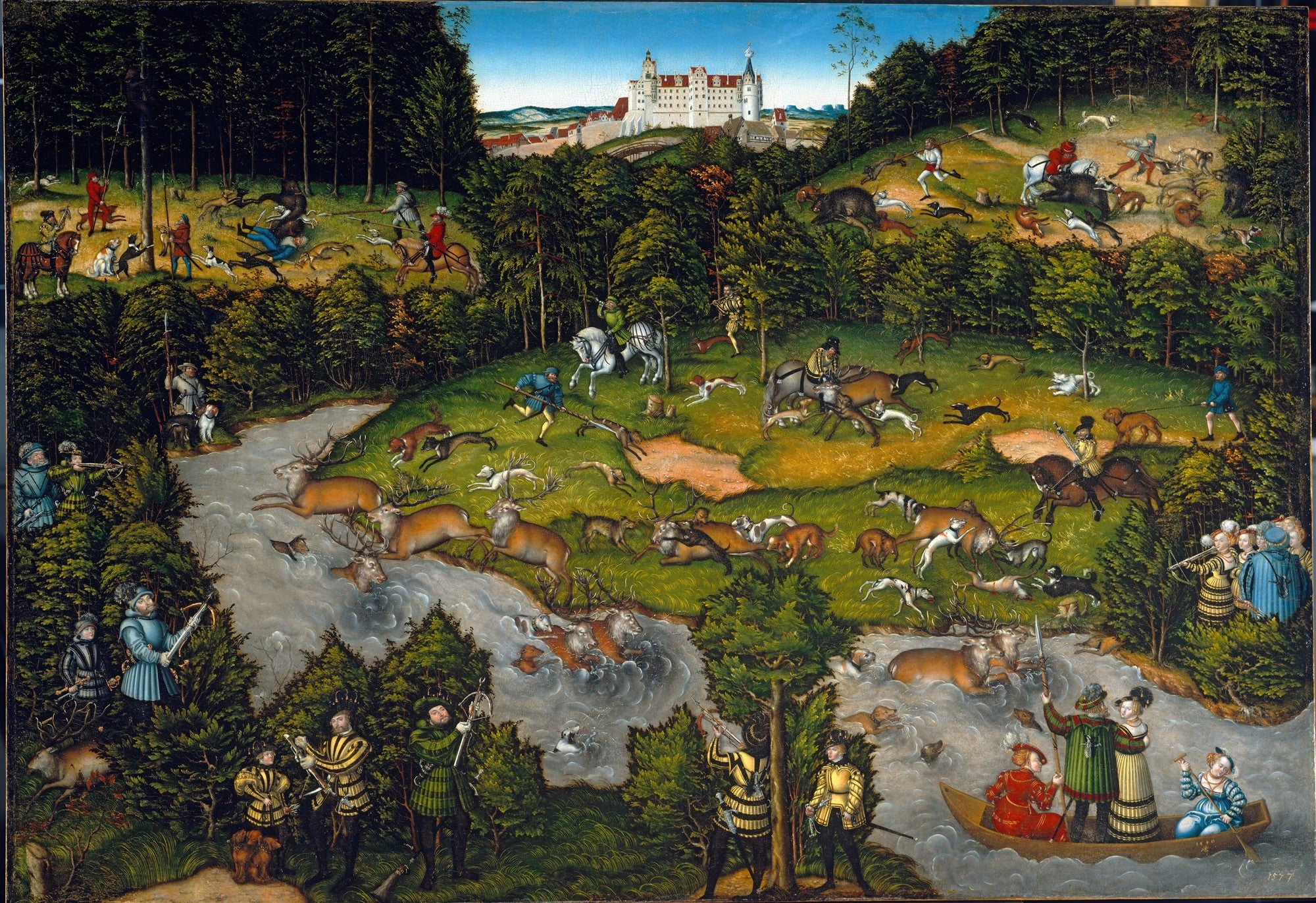 Uma pintura renascentista de Lucas Cranach, o Velho, 'A Caça ao Veado', mostrando uma vasta floresta com caçadores em cavalos, cães e veados correndo em um rio, com um castelo ao fundo.